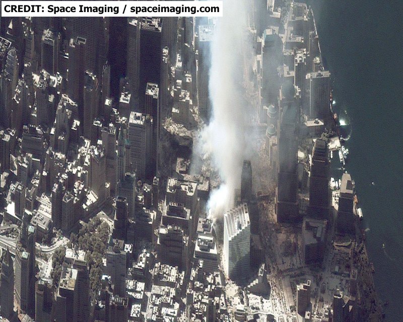 Satellite Imagery of the island of Manhattan and of Ground Zero at World Trade Center, New York City after the attacks of September 11, 2001