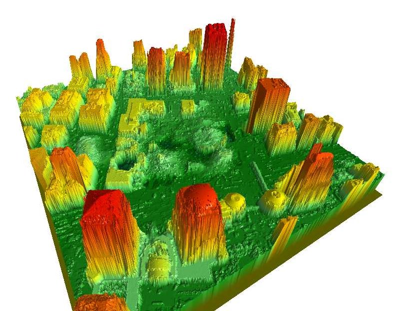 Digital Surface Models created by the LIDAR (Light Detection and Ranging) system of the building structures and the surrounding area of Ground Zero, World Trade Center, New York, after the September 11, 2001 terrorist attacks