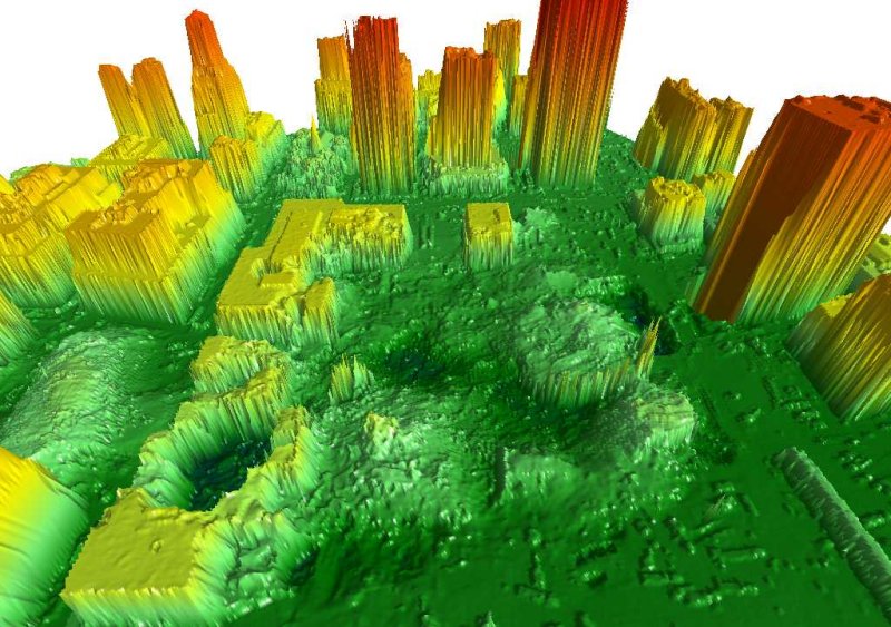 Digital Surface Models created by the LIDAR (Light Detection and Ranging) system of the building structures and the surrounding area of Ground Zero, World Trade Center, New York, after the September 11, 2001 terrorist attacks