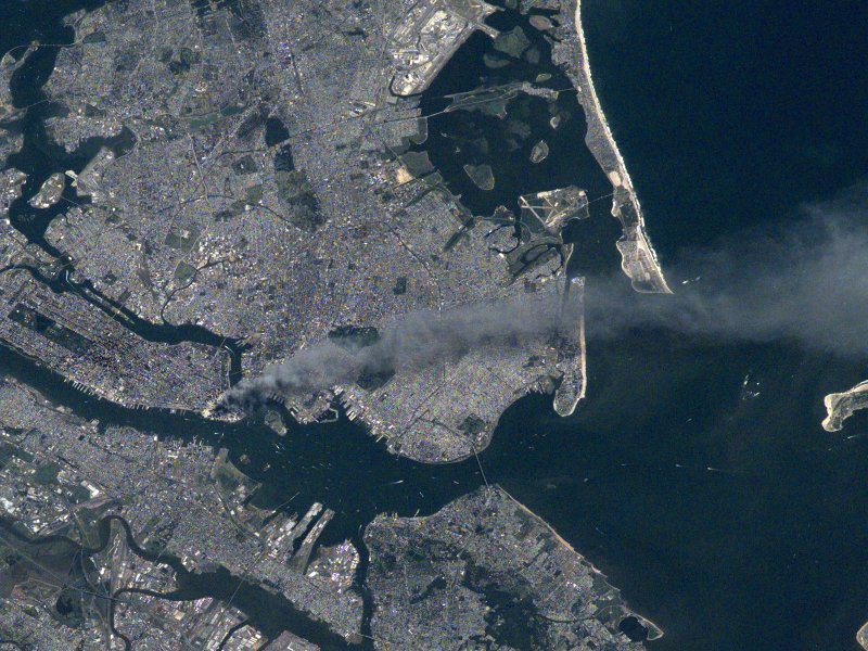 International Space Station Imagery showing the fire plume from Manhattan after the September 11, 2001 terrorist attack on the World Trade Center, New York City