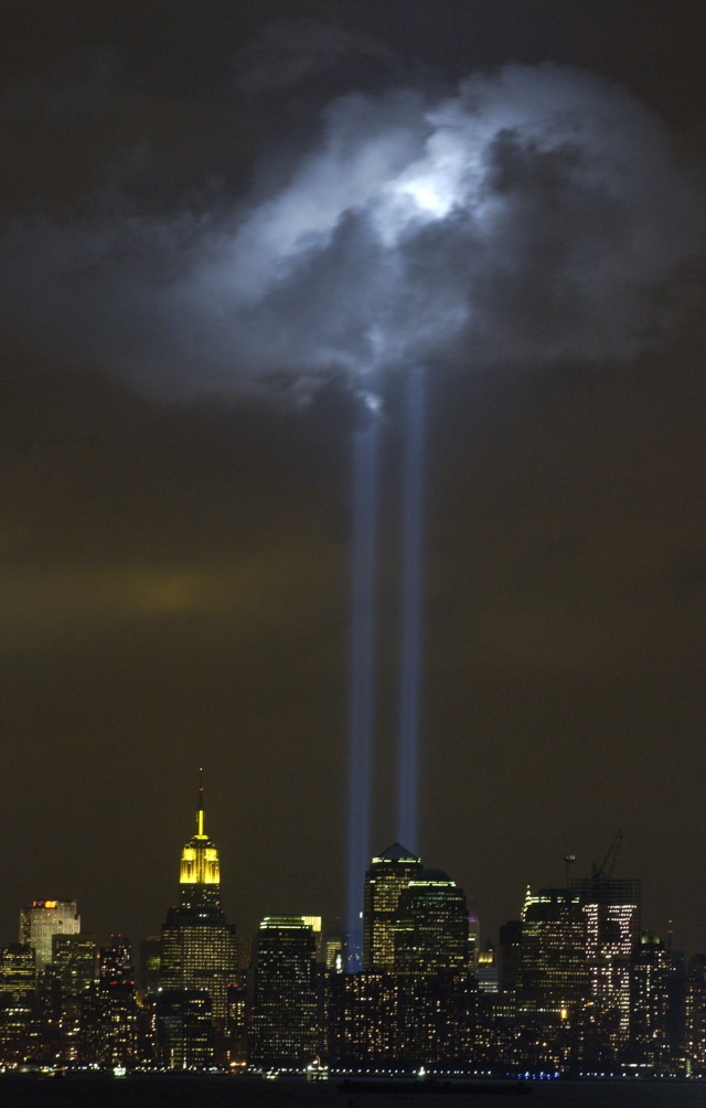 View of World Trade Center Twin Towers of Light Tribute, Ground Zero, New York, after the September 11, 2001 Attacks