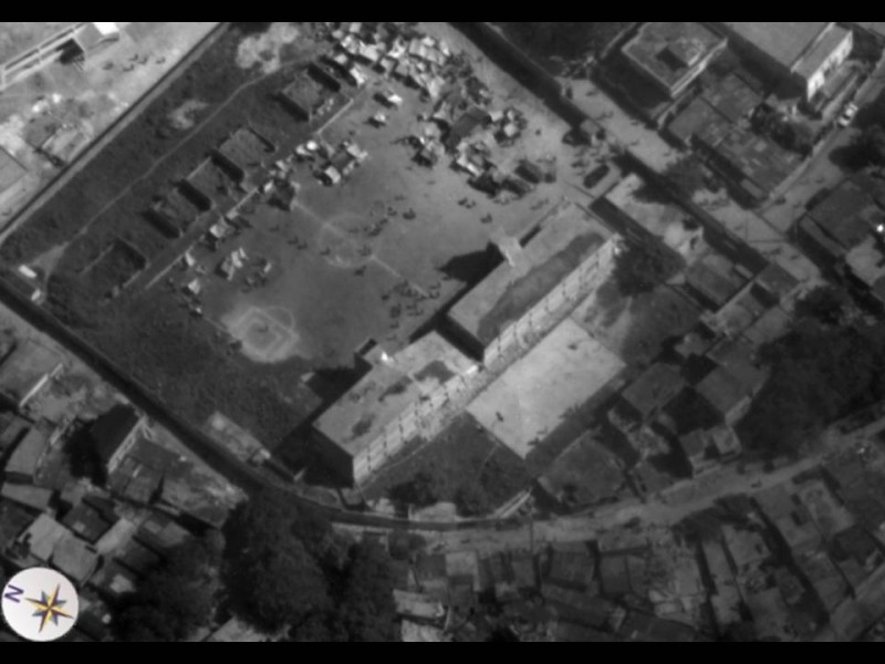 Aerial view of earthquake victims gathering in a soccer field in Haiti following the January 12, 2010 earthquake