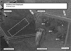 An artillery unit deployed outside the town of Al Qusayr as of 9 March 2012.