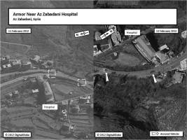 Syrian military units take positions outside Az Zabadani hospital between 11 and 13 February 2012.