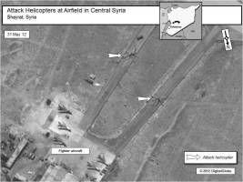 Attack helicopters and fighter aircraft at airfield in central Syria (Shayrat, Syria), 31 May 2012.