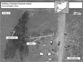 Artillery deployed near Urum as Sughra, Syria, but oriented towards Atarib, Syria, 31 May 2012.