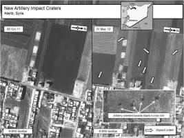 New artillery impact craters outside Atarib, Syria, 31 May 2012 (Comparison with 6 October 2011 imagery)