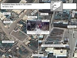 A square in Tall Daww, Haoula in Syria side-by-side with a May 28, 2012 image of the same square.