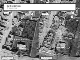 This graphic depicts damage to a building in Ar Rastan, Syria.