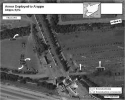 This image shows recently arrived armored vehicles outside the city of Aleppo. Some of the armored vehicles are on Heavy Equipment Transporters; some are not. The presence of armored vehicles in Aleppo is unusual.