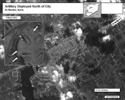 The artillery in this image are pointed at the town of Ar Rastan.