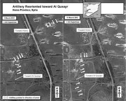 By 13 March 2012, four pieces of artillery pointed toward Homs were repositioned and reoriented toward Al Qusayr.