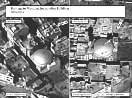 This graphic depicts damage to a mosque and the surrounding area in Homs, Syria.