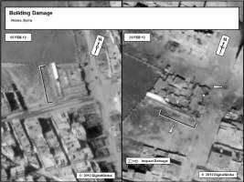 This graphic depicts damage to a building and the surrounding area in Homs, Syria.