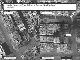 This graphic depicts smoke emanating from a building in the Bab Amr neighborhood of Homs, Syria.