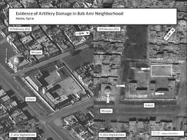 This graphic depicts damage to a mosque and school in the Bab Amr neighborhood of Homs, Syria.