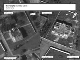 This graphic depicts damage to a clinic in the Homs area.