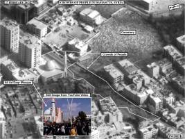 This image shows a crowd of thousands outside Ali Ad Daqr Mosque in Damascus, corroborating videos on social media sites of a funeral on February 27 for individuals killed by goverment forces on February 26.