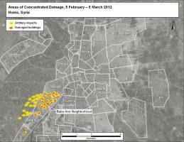 This graphic shows areas of concentrated damage in Homs, Syria between February 5 and March 5, 2012.