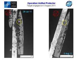 Comparative imagery of a Libyan Navy Koni-Class Frigate moored on the military side of the port of Tripoli. Visible in the imagery is weaponry that was removed from the ship. The target was engaged by NATO aircraft on August 8, 2011.
