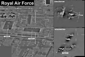 Battle Damage Assessment (BDA) imagery of the vehicle storage site struck by RAF aircraft using Paveway IV munitions.
