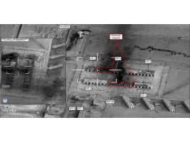 BDA(Battle Damage Assessment) imagery of a military storage facility in Tiji, Libya, after being struck by nine precision-guided munitions bombs dropped by a Tornado GR4 and a Typhoon FGR4 aicraft, operating as part of NATO Operation Unified Protector
