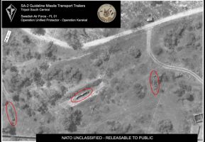 >Reconnaissance imagery of Libyan missiles which have been placed on reserve, ready to be transported by trailer, taken as part of Operation Karakal