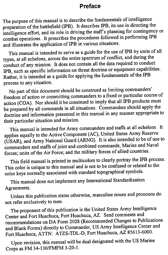 FM 34-130: Intelligence Preparation of the Battlefield - Preface