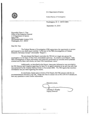 FBI Formal Response to 2010 Department of Justice, Office of the Inspector General's Report