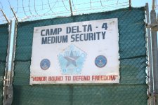 The sign for Camp 4, the medium security facility within Camp Delta at Naval Station Guantanamo Bay, Cuba