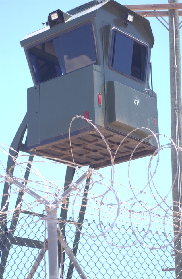 One of the new guard towers being used at Camp Delta, Naval Station Guantanamo Bay, Cuba. The new towers move up and down on a motor and are air-conditioned