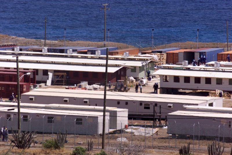 Image of the early construction phase of the Camp Delta detention facility at Guantanamo Bay, Cuba