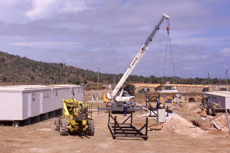 Image of the early construction phase of the Camp Delta detention facility at Guantanamo Bay, Cuba