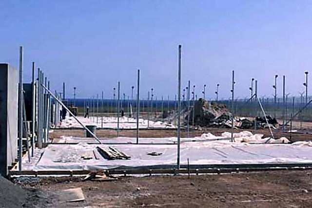 Image of the early construction phase of the Camp Delta detention facility at Guantanamo Bay, Cuba
