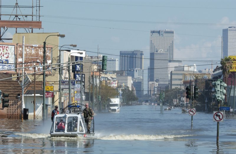 U.S. Coast Guard air boat returns to a local staging area in New Orleans, La., with survivors of Hurricane Katrina