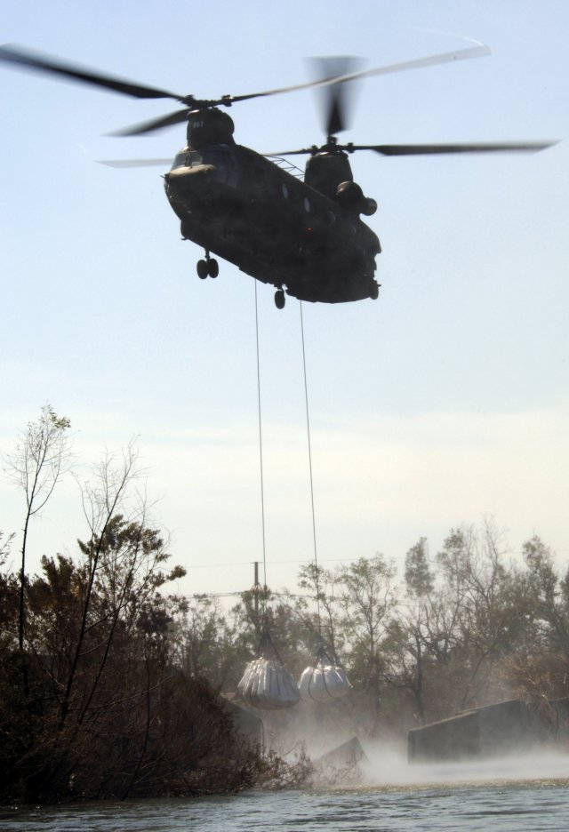 CH-47 Helicopter dropping sandbags in a New Orleans levee breach in the wake of Hurricane Katrina