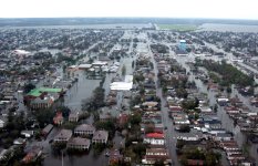 Aerial view of flooded neighborhood in New Orleans in the wake of Hurricane Katrina