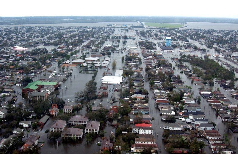Aerial view of flooded neighborhood in New Orleans in the wake of Hurricane Katrina