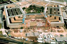 View of the Pentagon wing damaged during the September 11, 2001 terrorist attacks while under reconstruction as of early February 2002
