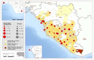 Map of Ebola cases as at 6 September 2014