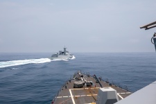 TAIWAN STRAIT (June 3, 2023) The Arleigh Burke-class guided-missile destroyer USS Chung-Hoon (DDG 93) observes PLA(N) LUYANG III DDG 132 (PRC LY 132) execute maneuvers in an unsafe manner while conducting a routine south to north Taiwan Strait transit alongside the Halifax-class frigate HMCS Montreal (FFG 336), June 3. USS Chung-Hoon is on a routine deployment to U.S. 7th Fleet and is assigned to Commander, Task Force (CTF 71)/ Destroyer Squadron (DESRON) 15. CTF 71/DESRON 15 is the largest forward-deployed DESRON and the U.S. 7th Fleet's principal surface force. (U.S. Navy photo by Mass Communication Specialist 1st Class Andre T. Richard)