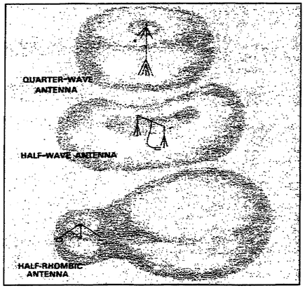 Figure 1-8.  Radiation patterns from quarter-wave, half-wave, and vertical half-rhombic antennas.