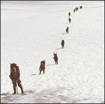 Figure 10-24. Rope teams moving in the accumulation zone of a glacier.