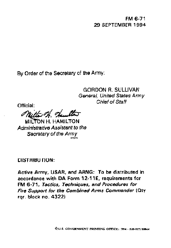 FM 6-71: TTPs For Fire Support For The Combined Arms Commander - Authorization