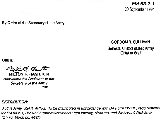 FM 63-2-1: Division Support Command Light Infantry, Airborne, and Air Assault Divisions - Authorization Letter