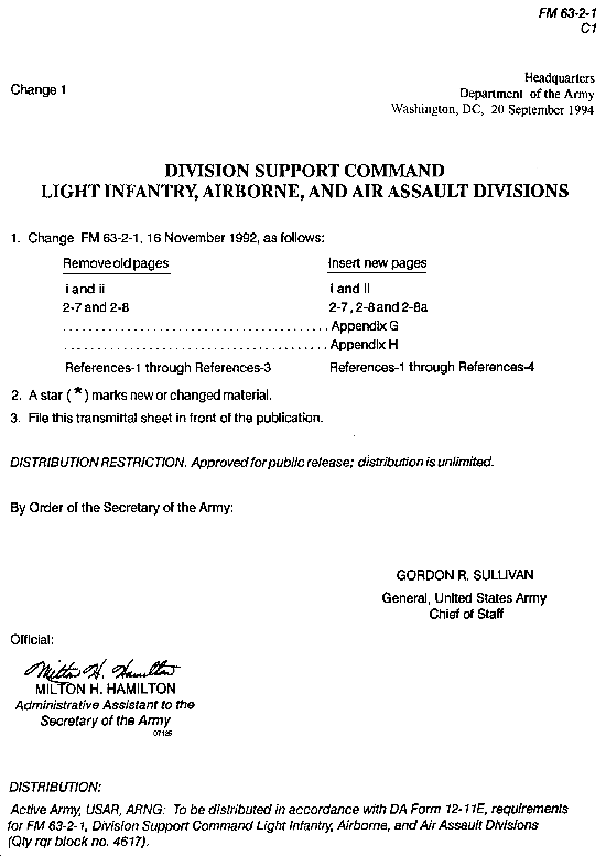 FM 63-2-1: Division Support Command Light Infantry, Airborne, and Air Assault Divisions - Change 1