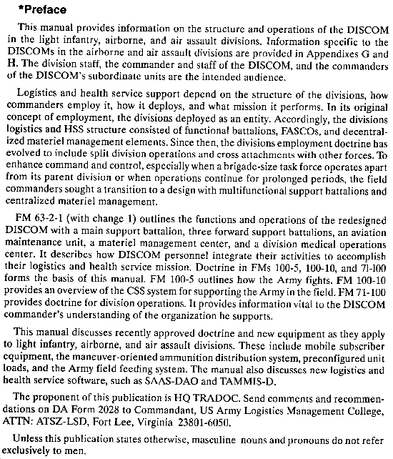 FM 63-2-1: Division Support Command Light Infantry, Airborne, and Air Assault Divisions - Preface