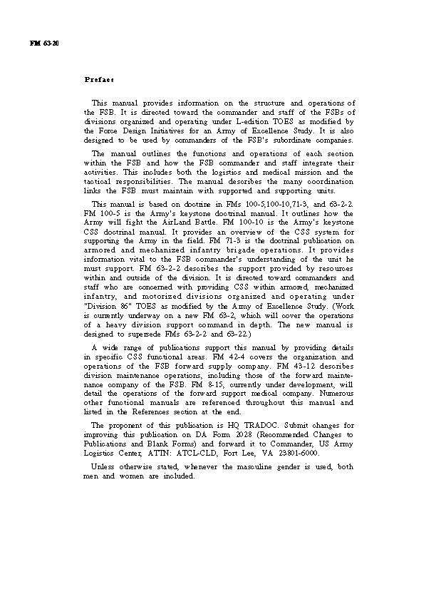 FM 63-20: Forward Support Battalion - Preface