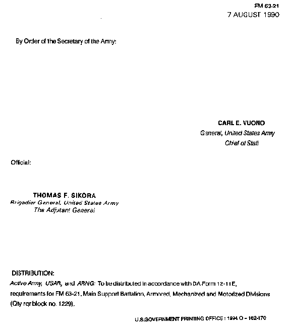 FM 63-21: Main Support Battalion - Authorization