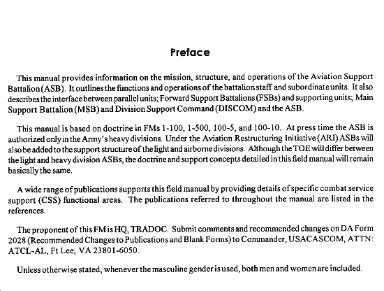 FM 63-23: Aviation Support Battalion - Preface